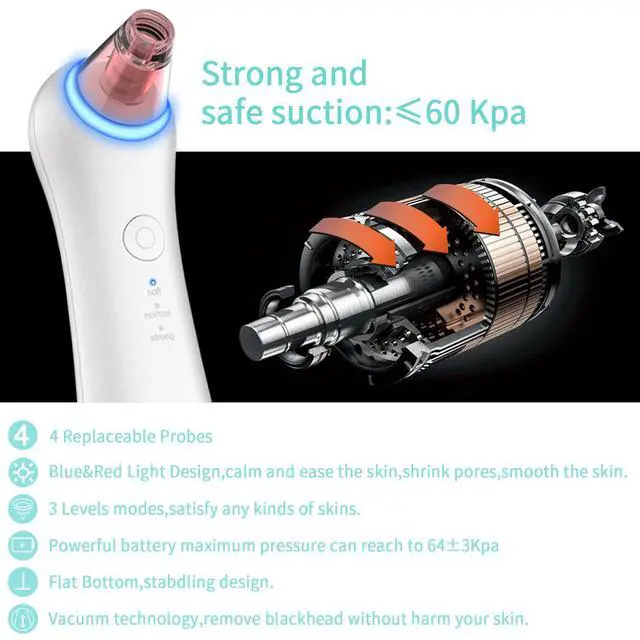 Alt view image 4 of 7 - Blackhead Remover Vacuum Pore, Black Head Remover for Face Pimple Skin Cleaner Tools Kit, Electric Comedone Facial Whitehead Extractor with Red & Blue Light, 3 Suction Levels 4 Probes