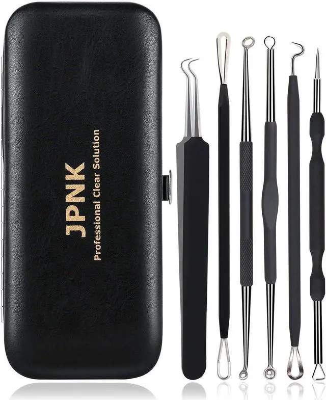 Main image of Blackhead Remover Tool Comedones Extractor Acne Removal Kit for Blemish, Whitehead Popping, 6 Pcs Zit Removing for Nose Face Tools with a Leather Bag (Black)