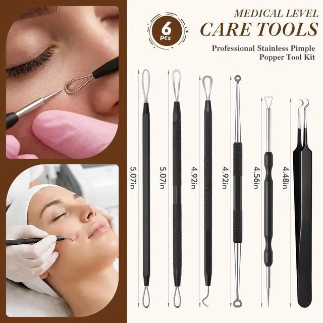 Alt view image 6 of 7 - 6 Pcs Pimple Extractor Tool Kit, Stainless Blackhead Remover Tools, Professional Comedone Pimple Popper Tools with Leather Bag