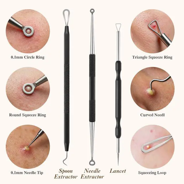 Alt view image 5 of 7 - 6 Pcs Pimple Extractor Tool Kit, Stainless Blackhead Remover Tools, Professional Comedone Pimple Popper Tools with Leather Bag