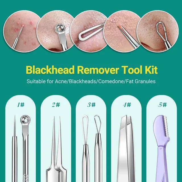 Alt view image 2 of 7 - Pimple Popper Tool Kit, 6 pcs Blackhead Remover Tools for Face and Nose, Ingrown Hair Removal Kit with Pimple Extractor, Pore Extractor, Tweezer, Razor