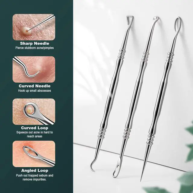 Alt view image 3 of 7 - Blackhead and Acne Extractor Kit, Professional Pimple Popper Tool Kit, Acne Tweezers and Blackhead Remover Tools for Face, 6 PCS Surgical Extractor Pimple Popping Tools