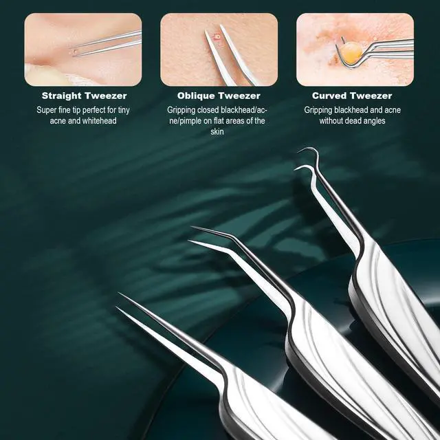 Alt view image 4 of 7 - Blackhead and Acne Extractor Kit, Professional Pimple Popper Tool Kit, Acne Tweezers and Blackhead Remover Tools for Face, 6 PCS Surgical Extractor Pimple Popping Tools