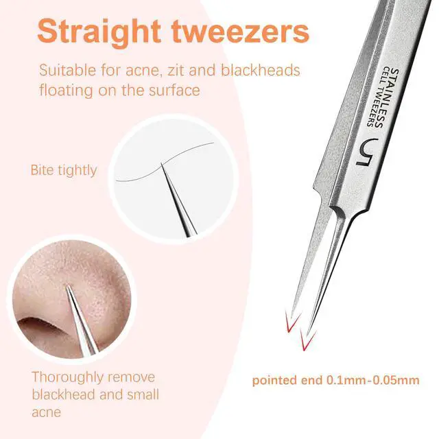 Alt view image 3 of 6 - Professional Blackhead Tweezers,High Hard Stainless Steel Blackhead Remover Tweezers, Precision Pimple Popper Tool Kit, Blackhead Extractor