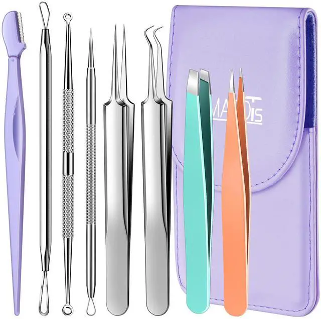 Main image of Blackhead Remover Tools and Ingrown Hair Tweezers, 9 pcs Pimple Popper Tool Kit, Ingrown Hair Removal Kit with Pimple Extractor, Pore Extractor, Tweezers, Razor