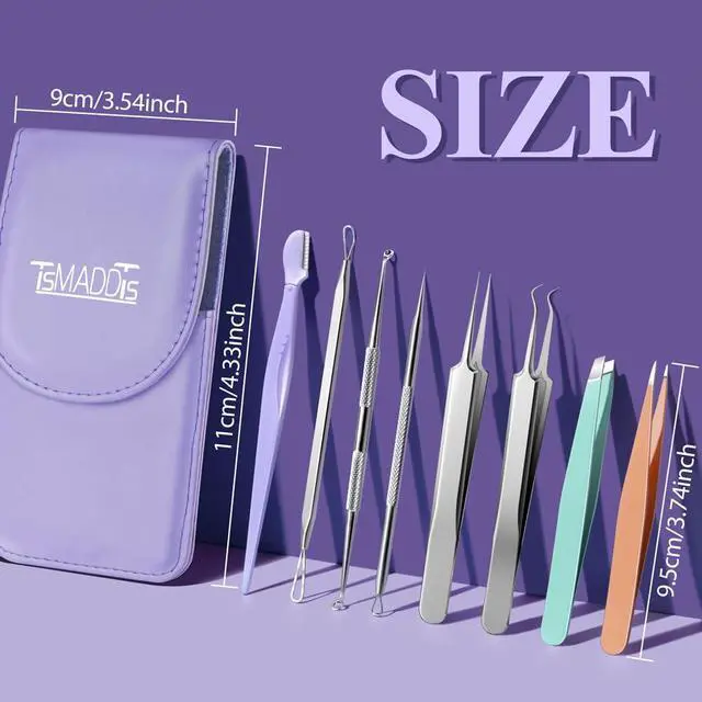 Alt view image 2 of 7 - Blackhead Remover Tools and Ingrown Hair Tweezers, 9 pcs Pimple Popper Tool Kit, Ingrown Hair Removal Kit with Pimple Extractor, Pore Extractor, Tweezers, Razor