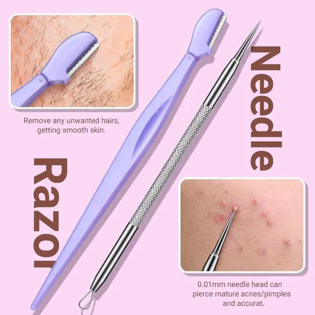 Alt view image 6 of 7 - Blackhead Remover Tools and Ingrown Hair Tweezers, 9 pcs Pimple Popper Tool Kit, Ingrown Hair Removal Kit with Pimple Extractor, Pore Extractor, Tweezers, Razor