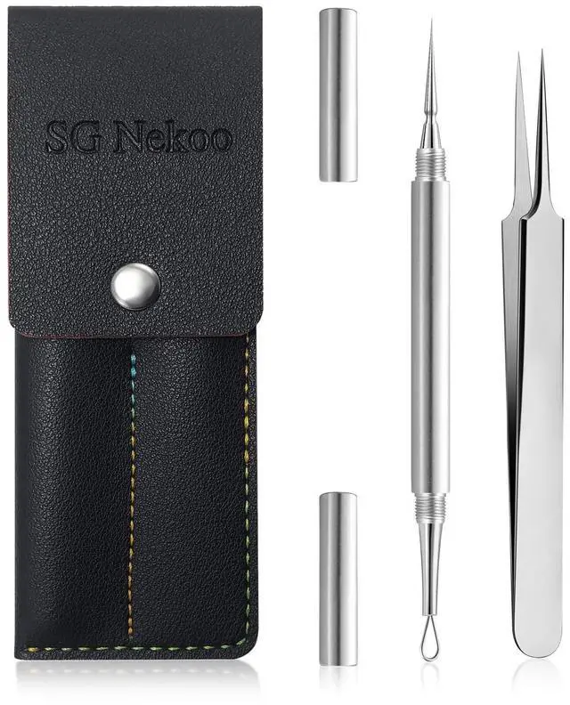 Main image of Professional Facial Milia Removal Tool and Whitehead Extractor,Titanium Alloy Double Ended Needle and Steel Tweezers Kit,Blackhead,Blemish,Zit and Pimple Acne Remover Popper (Stainless Silver)