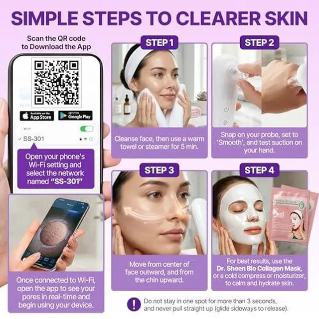 Alt view image 4 of 7 - Blackhead Remover Vacuum Camera, 3 Suction Modes, 6 Heads, USB Rechargeable + Bio Collagen Mask 6 Pack, Hydrogel Korean Masks, Hydrating Anti-Aging Moisturizing, Elasticity & Radiance After Vacuum to