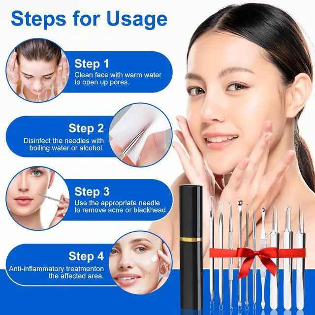Alt view image 6 of 7 - Pimple Popper Tool Kit,10 Pcs Professional Blackhead Remover Comedones Extractor for Easy Removal for Pimples,Blackheads,Zit Removing, Facial and Nose, Acne Removal Kit with Metal Box (Silver)