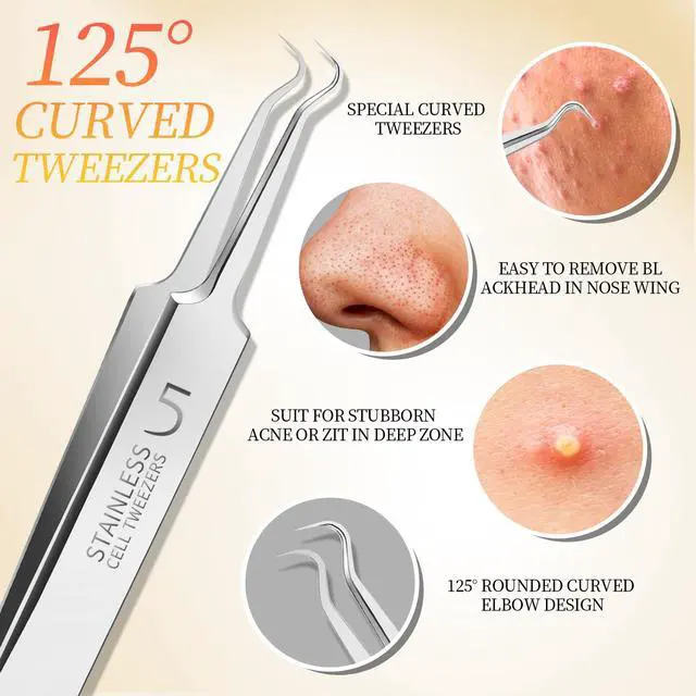 Alt view image 5 of 7 - 4 Pcs Professional Blackhead Tweezers and Pimple Popper Tool Kit, Stainless Steel Cell Tweezers for Blackhead, Pimple, Whitehead, Ance