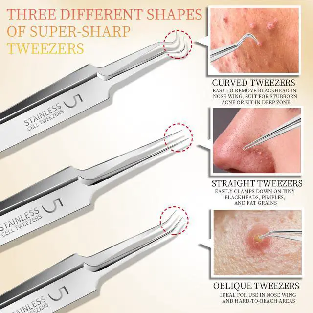 Alt view image 3 of 7 - 4 Pcs Professional Blackhead Tweezers and Pimple Popper Tool Kit, Stainless Steel Cell Tweezers for Blackhead, Pimple, Whitehead, Ance
