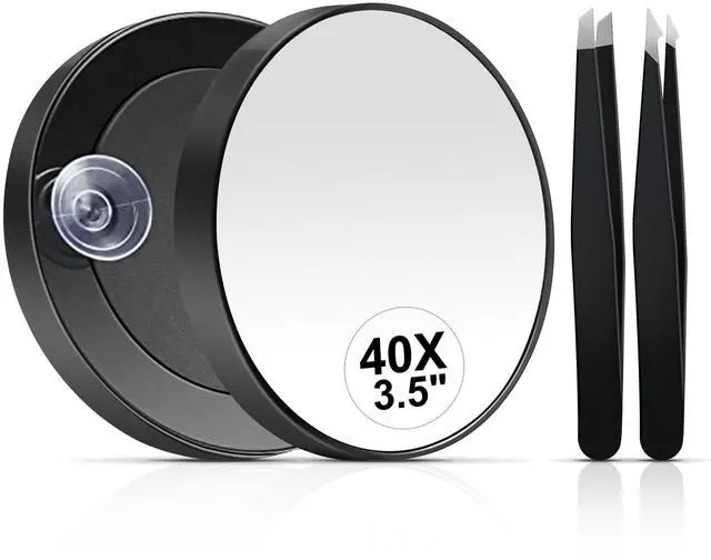 Main image of 40X Magnifying Mirror, 3.5 Inch Round Compact Mirror with Suction Cup, Stainless Steel Tweezers, Perfect for Makeup, Eyebrows, Beards, Travel