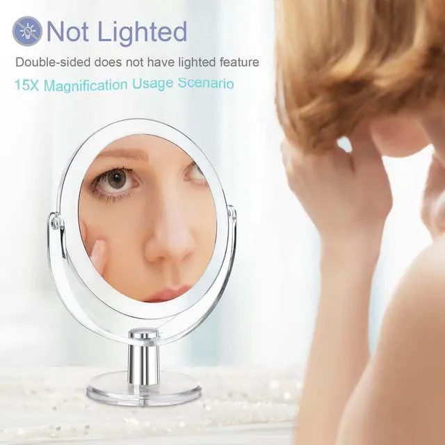 Alt view image 5 of 7 - Vanity Makeup Mirror with Stand, 1X/15X Magnification Double Sided 360 Degree Swivel, Portable Table Desk Counter top Magnifying Mirror, Tabletop Mirror for Bedroom or Dorm Room, 6.25 Inch
