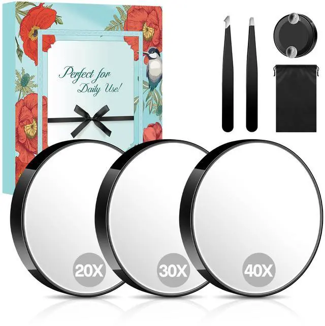 Main image of Magnifying Mirror Set, 20x&30x&40x Suction Cup Makeup Mirror, 2 Tweezers & Storage Bag, 3.5 Inch Compact Mirror for Travel, Bathroom, Home, Gifts for Women