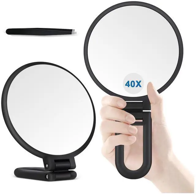 Main image of 40X Magnifying Mirror, Hand Mirror for Makeup, Double Sided with 40X/1X Magnification, Travel Essential, Portable Foldable for Desktop and Bathroom, Gift for Women, Frosted Black