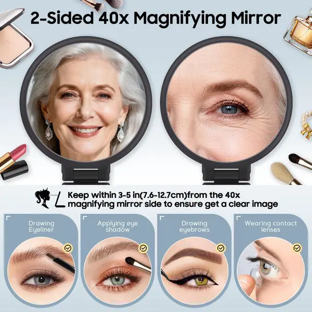 Alt view image 2 of 7 - 40X Magnifying Mirror, Hand Mirror for Makeup, Double Sided with 40X/1X Magnification, Travel Essential, Portable Foldable for Desktop and Bathroom, Gift for Women, Frosted Black