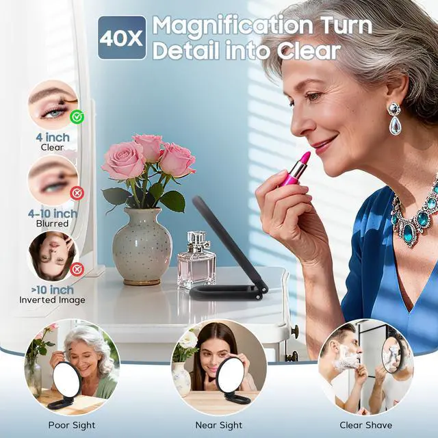 Alt view image 5 of 7 - 40X Magnifying Mirror, Hand Mirror for Makeup, Double Sided with 40X/1X Magnification, Travel Essential, Portable Foldable for Desktop and Bathroom, Gift for Women, Frosted Black