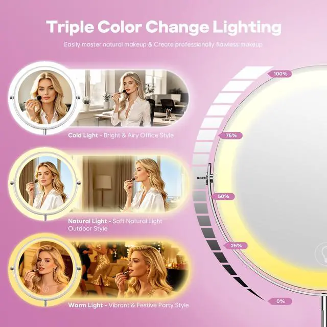 Alt view image 2 of 7 - 1X/30X Makeup Mirror with Lights, Brightness Adjustable with 3 Colors, Double Sided Magnifying Mirror with 360° Rotation, Lighted Makeup Mirror with Magnification, Ideal Gift for Women