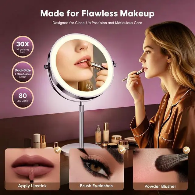 Alt view image 4 of 7 - 1X/30X Makeup Mirror with Lights, Brightness Adjustable with 3 Colors, Double Sided Magnifying Mirror with 360° Rotation, Lighted Makeup Mirror with Magnification, Ideal Gift for Women