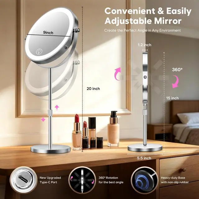 Alt view image 5 of 7 - 1X/30X Makeup Mirror with Lights, Brightness Adjustable with 3 Colors, Double Sided Magnifying Mirror with 360° Rotation, Lighted Makeup Mirror with Magnification, Ideal Gift for Women