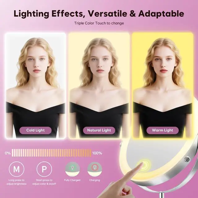 Alt view image 6 of 7 - 1X/30X Makeup Mirror with Lights, Brightness Adjustable with 3 Colors, Double Sided Magnifying Mirror with 360° Rotation, Lighted Makeup Mirror with Magnification, Ideal Gift for Women