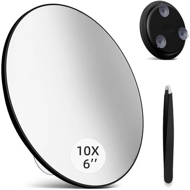Main image of 10x Magnifying Mirror, Large 6" Round, Black Framed, Wall Mount, Modern Style, Travel & Bathroom Use, Black - 10x