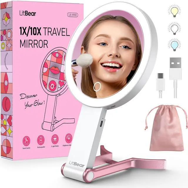 Main image of Travel Makeup Mirror with Lights, Rechargeable Double-Sided 10X/1X Magnifying Mirror, Portable Lighted Beauty Mirror, 3 Color Lighting, Dimmable Touch Screen, Tabletop Handhold Hanging (White)