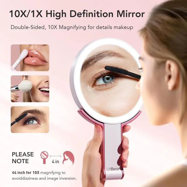 Alt view image 3 of 7 - Travel Makeup Mirror with Lights, Rechargeable Double-Sided 10X/1X Magnifying Mirror, Portable Lighted Beauty Mirror, 3 Color Lighting, Dimmable Touch Screen, Tabletop Handhold Hanging (White)
