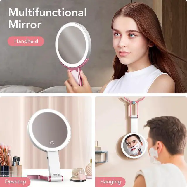 Alt view image 6 of 7 - Travel Makeup Mirror with Lights, Rechargeable Double-Sided 10X/1X Magnifying Mirror, Portable Lighted Beauty Mirror, 3 Color Lighting, Dimmable Touch Screen, Tabletop Handhold Hanging (White)