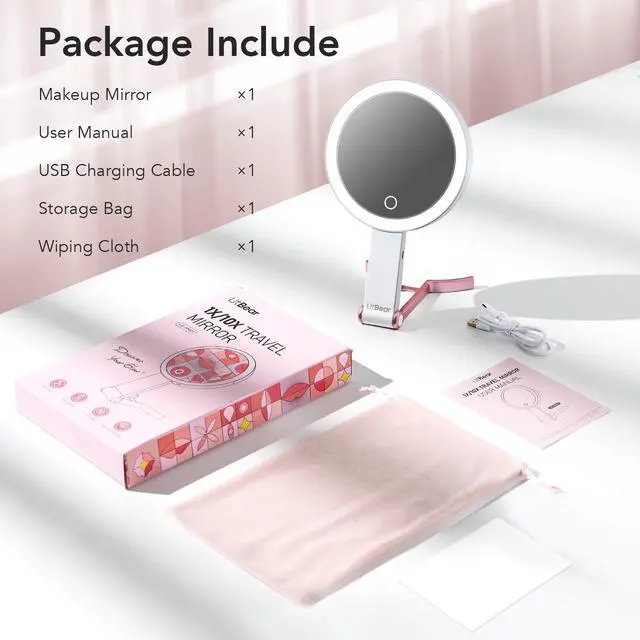 Alt view image 7 of 7 - Travel Makeup Mirror with Lights, Rechargeable Double-Sided 10X/1X Magnifying Mirror, Portable Lighted Beauty Mirror, 3 Color Lighting, Dimmable Touch Screen, Tabletop Handhold Hanging (White)