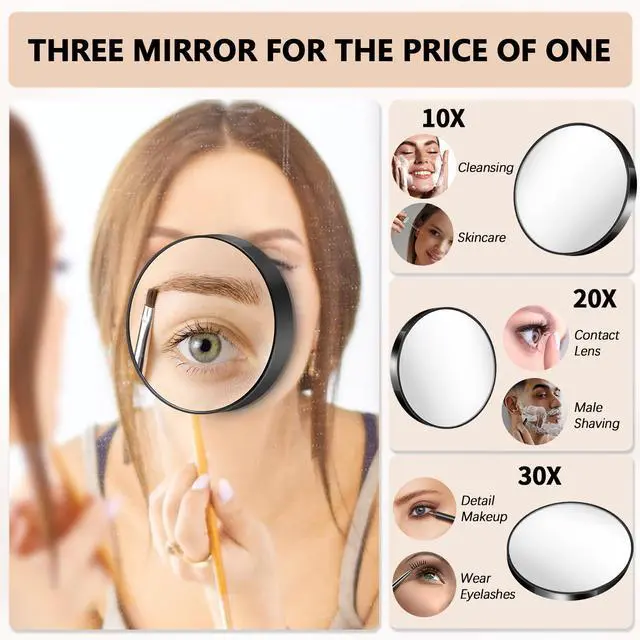Alt view image 2 of 7 - Magnifying Mirror, 10X & 20X & 30X Set, Magnified Mirrors 3.5" with Two Suction Cups, Travel Magnifying Mirror Set Comes with Portable Storage Bag, Compact Small Magnified Mirrors for Travel(Black)