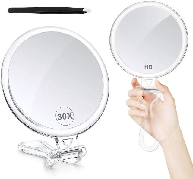 Main image of 30X Magnifying Mirror for Travel with Handle, Double-Sided 1X/30X Magnification Hand Mirror for Makeup,Travel Mirror for Desk 5 Inches