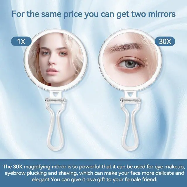 Alt view image 2 of 7 - 30X Magnifying Mirror for Travel with Handle, Double-Sided 1X/30X Magnification Hand Mirror for Makeup,Travel Mirror for Desk 5 Inches