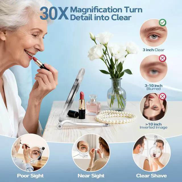 Alt view image 4 of 7 - 30X Magnifying Mirror for Travel with Handle, Double-Sided 1X/30X Magnification Hand Mirror for Makeup,Travel Mirror for Desk 5 Inches