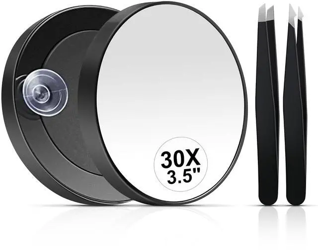 Main image of 30X Magnifying Mirror, Small Travel Mirror with Suction Cup and Tweezers, 3.5 Inches