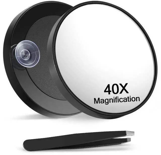 Main image of 40X Magnifying Mirror with 2 Suction Cups, 3.5 inches Magnified Makeup Mirror and Slant Tweezers,Black,1PC
