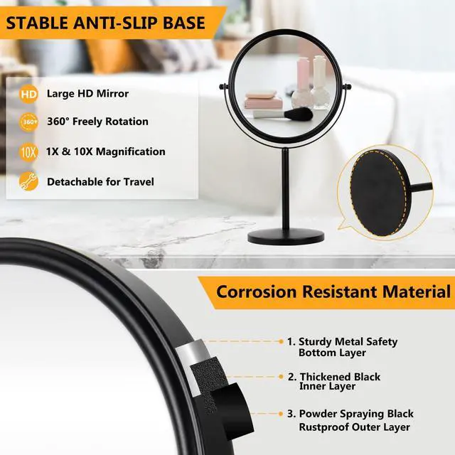 Alt view image 4 of 7 - 10x Magnifying Makeup Mirror, 8 Inch Tabletop Mirror Double Sided with Magnification, Swivel Make Up Mirror for Bathroom, Black