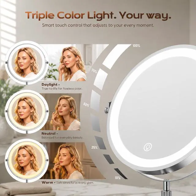 Alt view image 2 of 7 - Lighted Makeup Mirror, 1X/20X Double-Sided Magnifying Vanity Mirror with Lights, 360° Rotation, 5000mAh Rechargeable Adjustable Brightness with 3 Colors for Dorm, Living Room, Women Gift