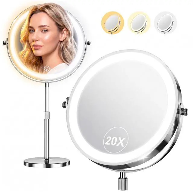 Main image of Lighted Makeup Mirror, 1X/20X Double-Sided Magnifying Vanity Mirror with Lights, 360° Rotation, 5000mAh Rechargeable Adjustable Brightness with 3 Colors for Dorm, Living Room, Women Gift