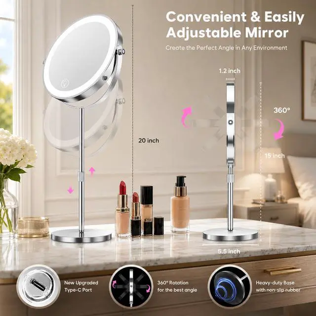 Alt view image 5 of 7 - Lighted Makeup Mirror, 1X/20X Double-Sided Magnifying Vanity Mirror with Lights, 360° Rotation, 5000mAh Rechargeable Adjustable Brightness with 3 Colors for Dorm, Living Room, Women Gift