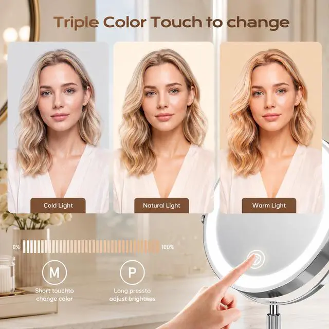 Alt view image 6 of 7 - Lighted Makeup Mirror, 1X/20X Double-Sided Magnifying Vanity Mirror with Lights, 360° Rotation, 5000mAh Rechargeable Adjustable Brightness with 3 Colors for Dorm, Living Room, Women Gift