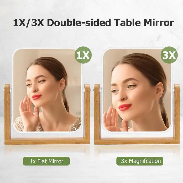 Alt view image 2 of 7 - Vanity Makeup Mirror with Natural Bamboo Stand, Double Sided 360 Degree Swivel Magnifying Mirror, Tabletop Magnified Make up Mirror for Bathroom or Bedroom 8 Inch