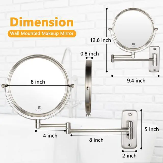 Alt view image 4 of 7 - Wall Mounted Makeup Mirror - 1X/10X Magnifying Mirror Double Sided, 8 Inch Extendable Bathroom Mirror, Nickel Finish