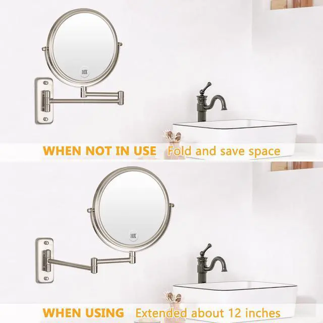 Alt view image 5 of 7 - Wall Mounted Makeup Mirror - 1X/10X Magnifying Mirror Double Sided, 8 Inch Extendable Bathroom Mirror, Nickel Finish