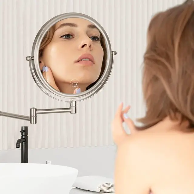 Alt view image 7 of 7 - Wall Mounted Makeup Mirror - 1X/10X Magnifying Mirror Double Sided, 8 Inch Extendable Bathroom Mirror, Nickel Finish