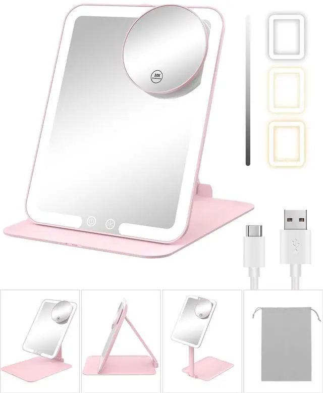 Main image of Travel Makeup Mirror with Lights and Magnification 10X, Portable Make Up Compact Tabletop Mirror with Adjustable Stand, 3 Colored Lights Rechargeable Lighted LED Vanity Mirror - Pink