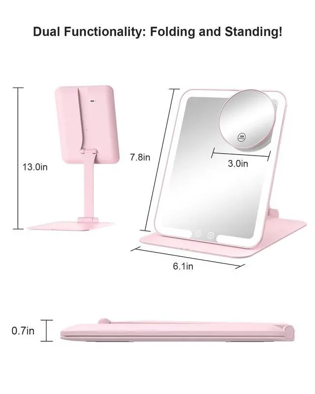 Alt view image 2 of 7 - Travel Makeup Mirror with Lights and Magnification 10X, Portable Make Up Compact Tabletop Mirror with Adjustable Stand, 3 Colored Lights Rechargeable Lighted LED Vanity Mirror - Pink