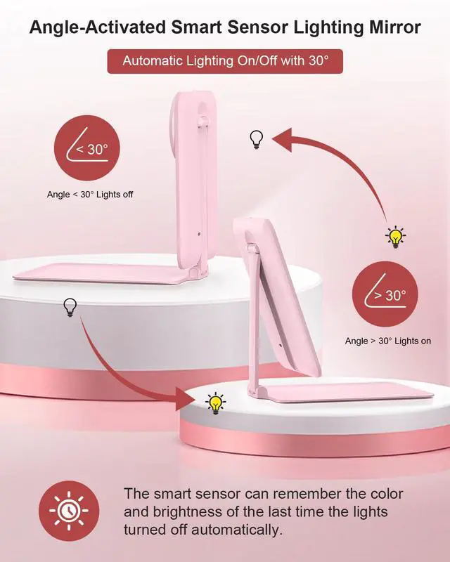 Alt view image 3 of 7 - Travel Makeup Mirror with Lights and Magnification 10X, Portable Make Up Compact Tabletop Mirror with Adjustable Stand, 3 Colored Lights Rechargeable Lighted LED Vanity Mirror - Pink