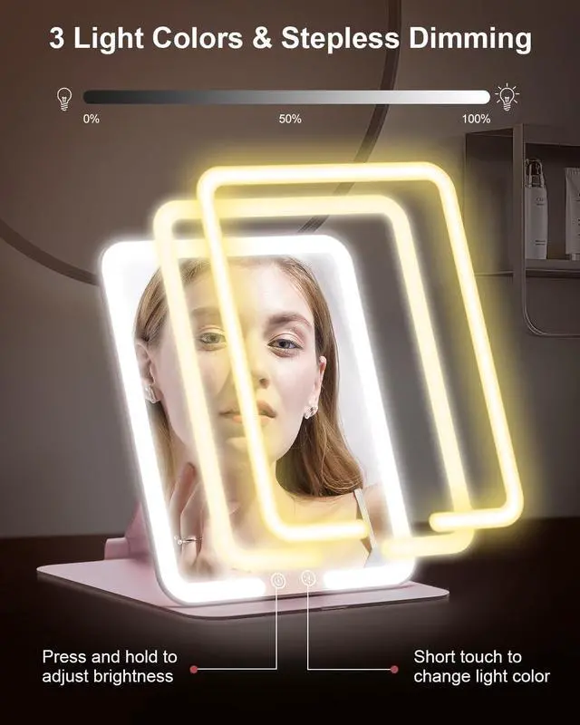 Alt view image 4 of 7 - Travel Makeup Mirror with Lights and Magnification 10X, Portable Make Up Compact Tabletop Mirror with Adjustable Stand, 3 Colored Lights Rechargeable Lighted LED Vanity Mirror - Pink